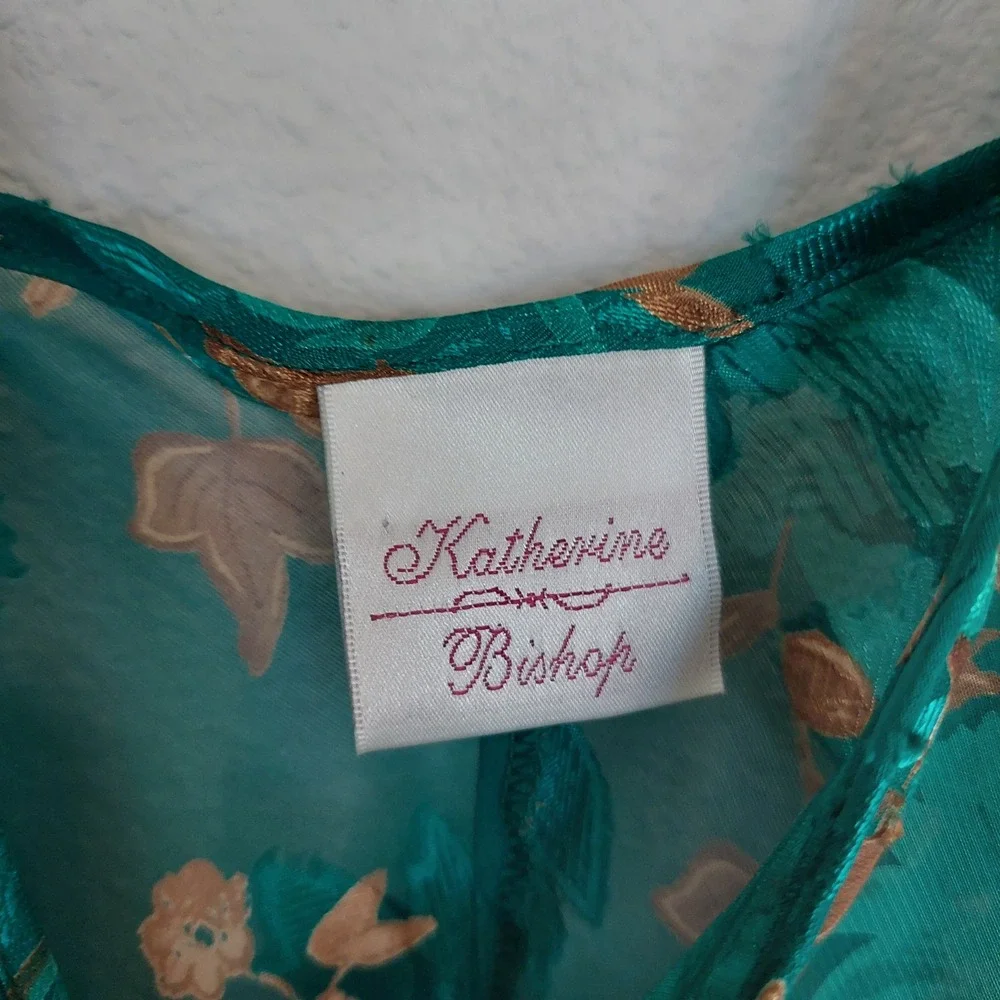 Katherine Bishop Teal Floral Sheer‎ Babydoll Chemise Nightgown Large